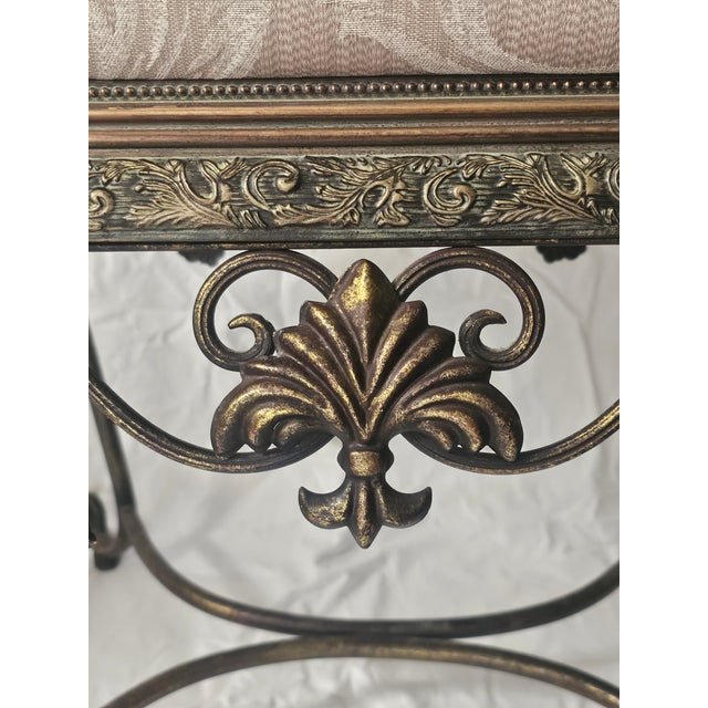 Vintage Bronze Scrollwork Vanity Bench With Cream Jacquard Upholstery For Sale - Image 15 of 18