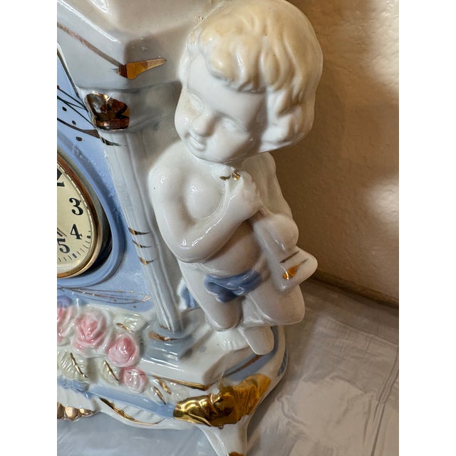 French Provincial Cherub Vintage Porcelain Clock For Sale - Image 3 of 7
