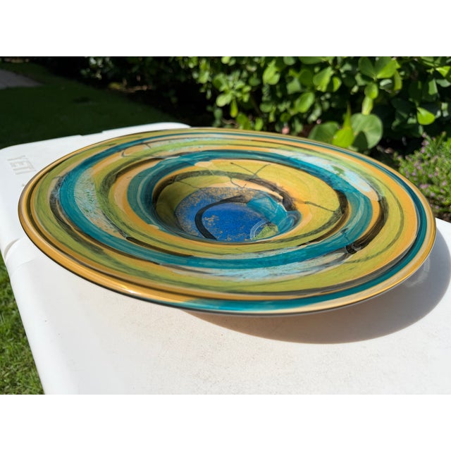 Late 20th Century Vintage Handcrafted Art Glass Charger Bowl in Blue, Teal & Amber Swirl Glaze For Sale - Image 5 of 11