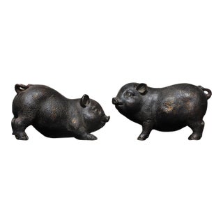 Vintage Pair of Gilt Bronze Pig Figures - Chinese Zodiac Sculptures For Sale