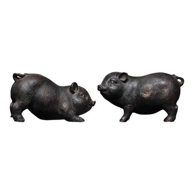 Vintage Pair of Gilt Bronze Pig Figures - Chinese Zodiac Sculptures For Sale
