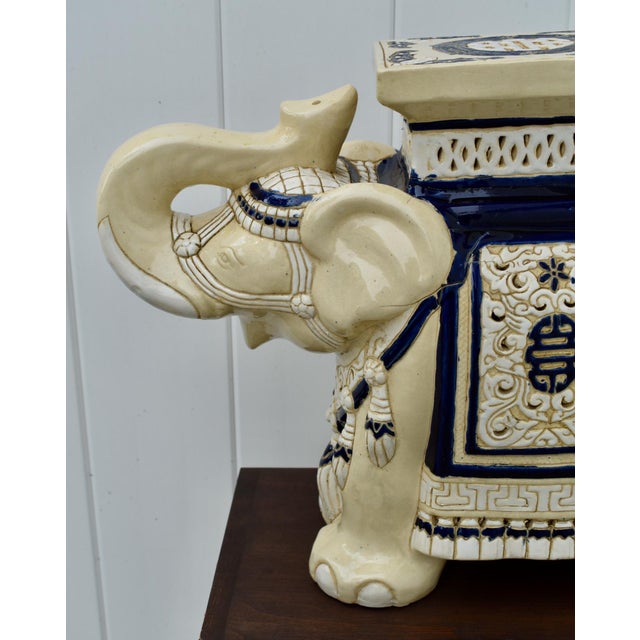 1970s Ceramic Elephant Garden Stool Side Table Plant Stand Chinese Cream Blue For Sale - Image 5 of 15