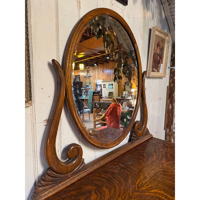 Victorian Vintage Tiger Oak Victorian Dresser With Beveled Mirror & Clawfeet. For Sale - Image 3 of 12