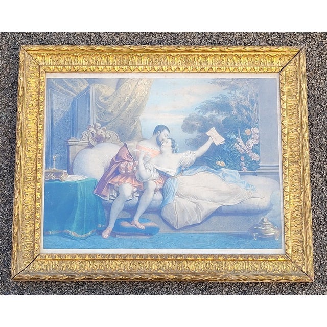 Pair of framed, colored engravings depicting amorous scenes between King Francis I and one of his wives or mistresses....