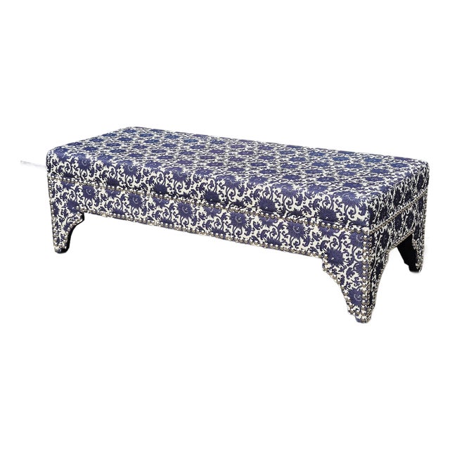 Ralph Lauren Style Oversized (5' Long) Blue & White Floral Upholstered Ottoman Bench For Sale