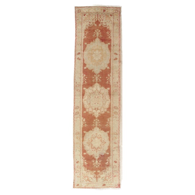 Textile Antique Oushak Runner, Turkish and Oriental Rug, Handmade Beige and Orange Rug For Sale - Image 7 of 18