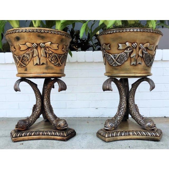 Plastic Koi Fish Pedestal Planters With Faux Floral Bromeliads- a Pair For Sale - Image 7 of 11