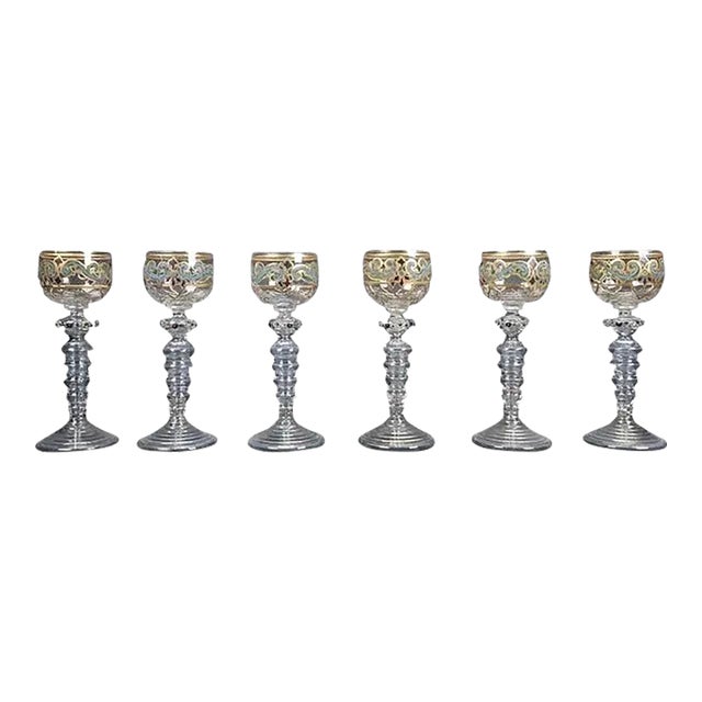1920s Hand Blown and Decorated Vine Glasses, Venice - Set of 6 For Sale