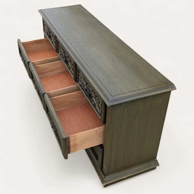 1970s 1970s Spanish Revival Carved Wood Nine-Drawer Lowboy Dresser in Olive Green For Sale - Image 5 of 10