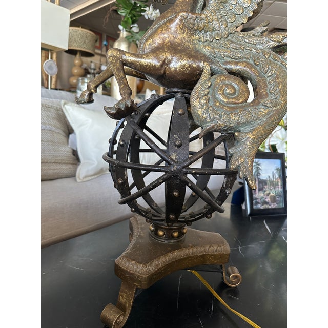 Art Deco Mythical Pegasus Table Lamp With Striped Glass Shade For Sale - Image 3 of 5