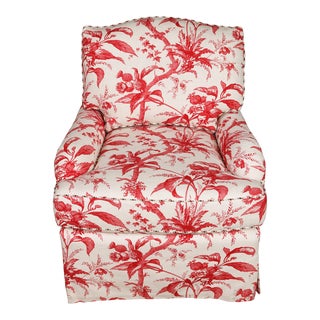 A Club Chair in a Red and White Lisa Fine Textile Linen For Sale
