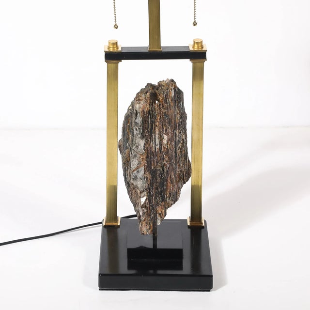 Mid-Century Rectilinear Black Lacquer & Brass Pyrite Specimen Table Lamp For Sale - Image 11 of 11
