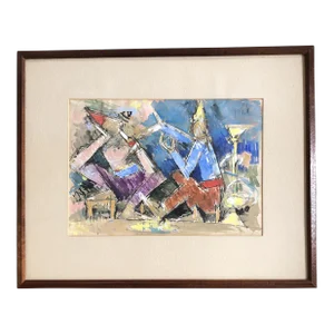 1960’s Abstract Expressionist Musical Figures Painting Signed Original Mid Century Frame
