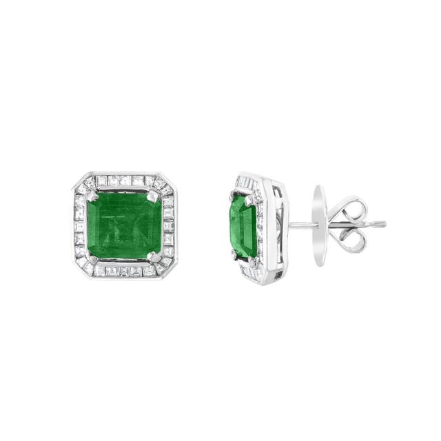 AGL Certified Minor Traditional 5 Carat Colombian Emerald Diamond Stud Earrings For Sale - Image 17 of 18