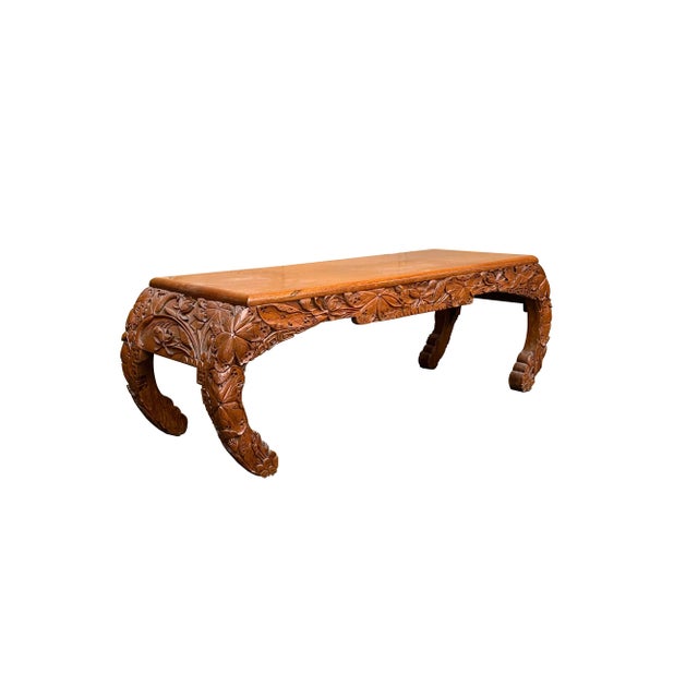 Vintage Floral Relief Carving Brown Rectangular Curve Legs Coffee Table For Sale - Image 4 of 6