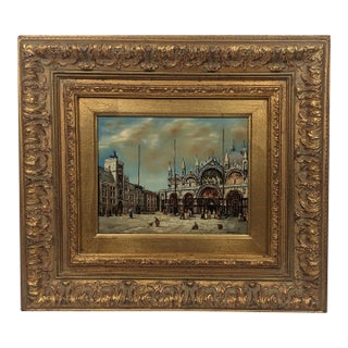 Framed Venetian Piazza San Marco Original Oil Painting Signed Rergito, Mid-20th Century For Sale