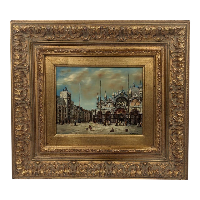 Framed Venetian Piazza San Marco Original Oil Painting Signed Rergito, Mid-20th Century For Sale