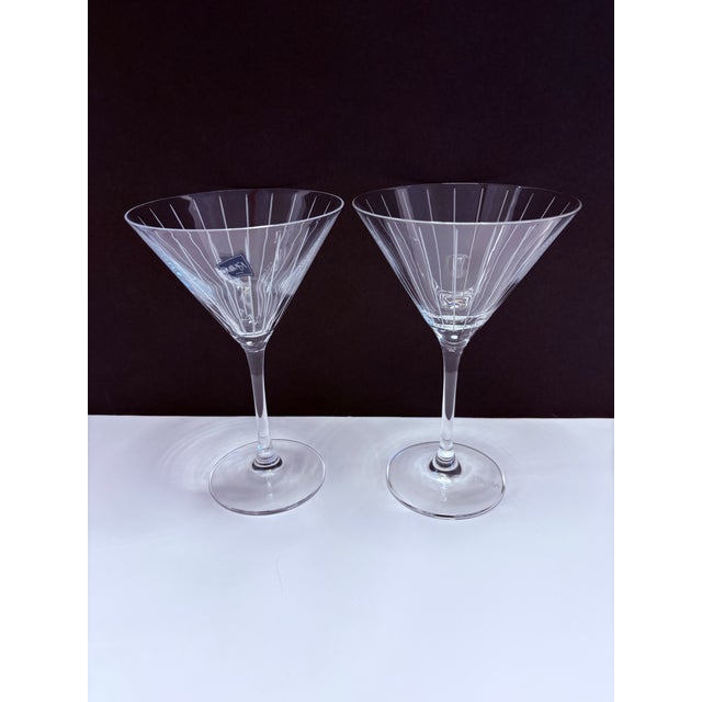 Glass Pair of Vintage Mikasa Cheers- Etched Glass Vertical Martini Glasses Modernist Barware For Sale - Image 7 of 8