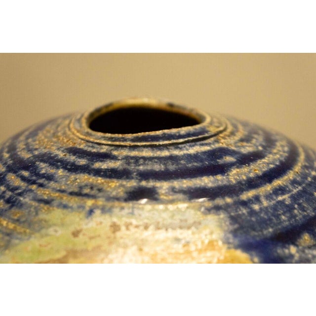 Late 20th Century Mid Century Modern Glazed Studio Pottery Vessel Cobalt Blue with Earth Tones For Sale - Image 5 of 9