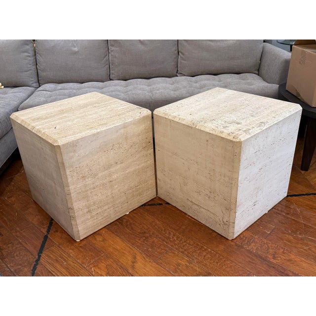 1980s Italian Vintage Travertine Cube Side Tables, Pair For Sale - Image 5 of 12