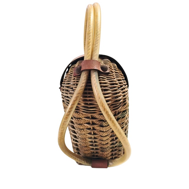 Ooak Mid-Century 1960s Woven Wicker Creel Basket With Leather Flap Tubular Handles For Sale - Image 4 of 17