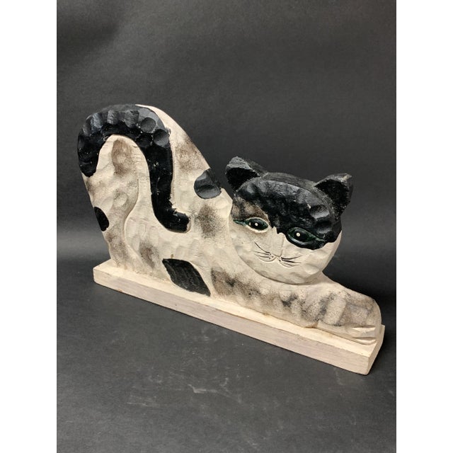 Vintage Folk Art Painted Wooden Carved Cat Sculpture For Sale - Image 4 of 8
