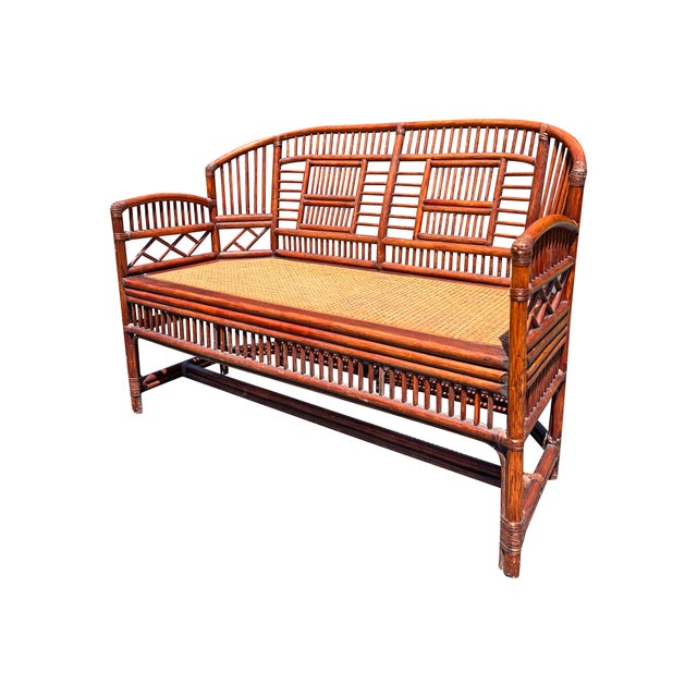Chinoiserie Vintage Brighton Pavilion Bench in Cane Bamboo Rattan Chinoiserie Style For Sale - Image 3 of 8