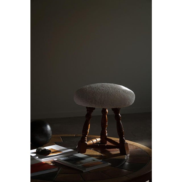 Wood Set of Danish Modern Tripod Stools with Lambswool Seats, 1950s For Sale - Image 7 of 17