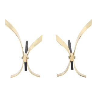 Pair of Mid-Century Modernist Andirons in Polished Brass by Donald Deskey For Sale