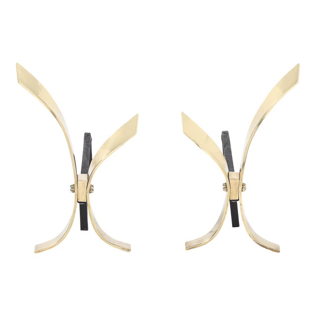 Pair of Mid-Century Modernist Andirons in Polished Brass by Donald Deskey For Sale