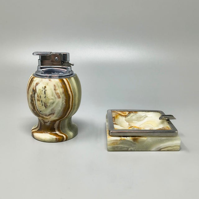 Brown Mid-Century Modern Italian Onyx Smoking Set with Table Lighter & Ashtray, 1960s, Set of 2 For Sale - Image 8 of 8