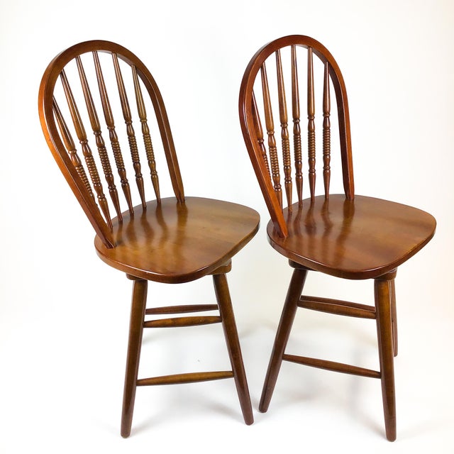 Farmhouse Windsor Style Wood Bar Stools a Pair For Sale - Image 3 of 13