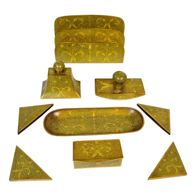 Chinese Gilt Brass Cloisonné “Scroll and Floral” Nine‑Piece Desk Set, 20th C For Sale
