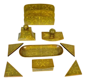 Chinese Gilt Brass Cloisonné “Scroll and Floral” Nine‑Piece Desk Set, 20th C
