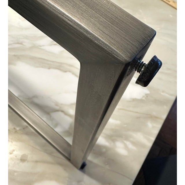 Ink Blue Pair of Desiron Blue Upholstered Stools With Steel Base For Sale - Image 8 of 11