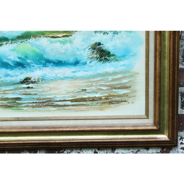 Blue Vintage Beach Seascape Original Oil Painting For Sale - Image 8 of 13