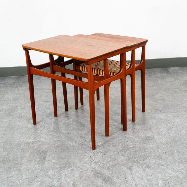 Mid Century Danish Modern Nesting Tables Solid Teak Set 3 Denmark Cane Vintage For Sale - Image 10 of 12
