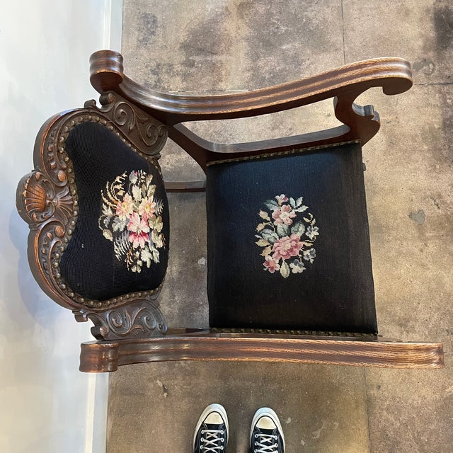 1930s Antique Carved Wood Needlepoint Rocking Chair | Chairish