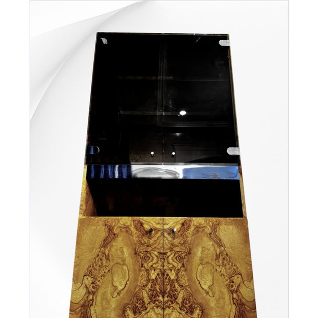 1960s Genuine Burl Wood Mid-Century Matchbook Milo Baughman Glass Modern Cabinets For Sale - Image 5 of 9