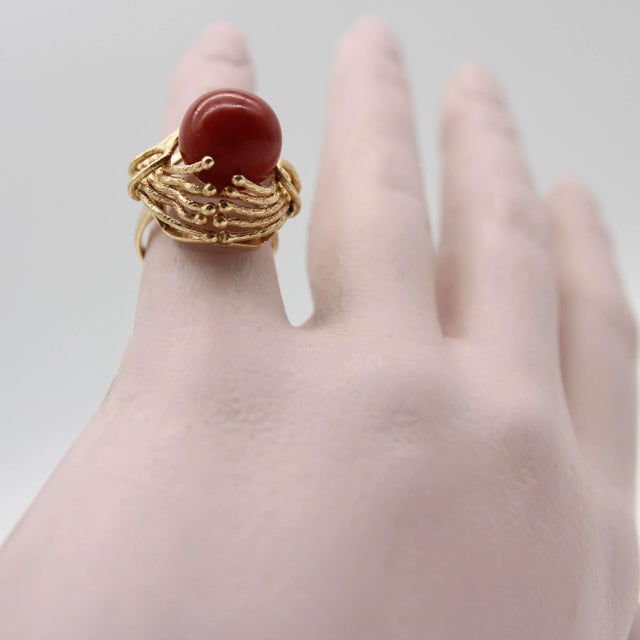 Vintage 14k Gold Freeform Sardinian Coral Sphere Ring Size 5 For Sale - Image 9 of 9
