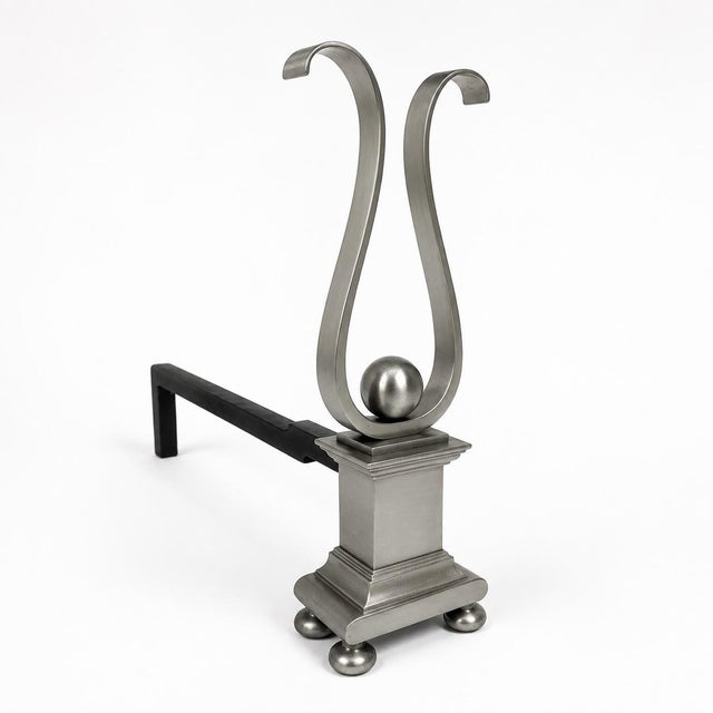 Modern Pair of Architectural Andirons, Patinated Metal For Sale - Image 3 of 5