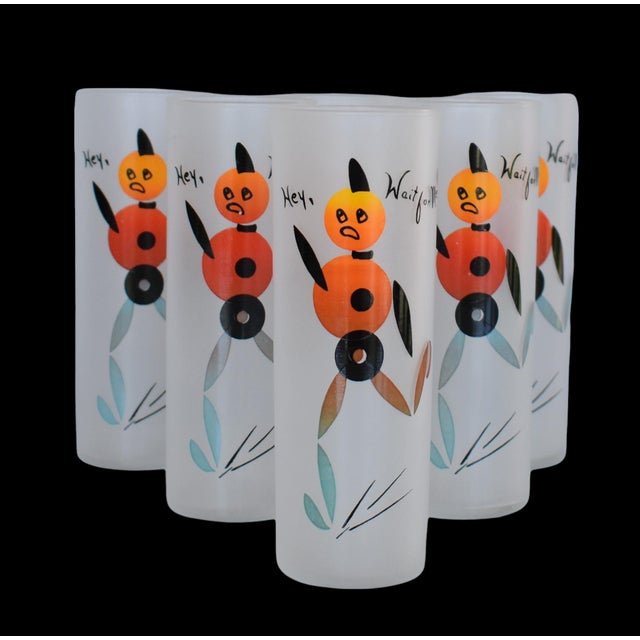 Vintage 1950s Federal Glass Hey Wait for Me Tall Frosted Tom Collins Zombie Tumblers- Set of 6 For Sale In Sacramento - Image 6 of 10