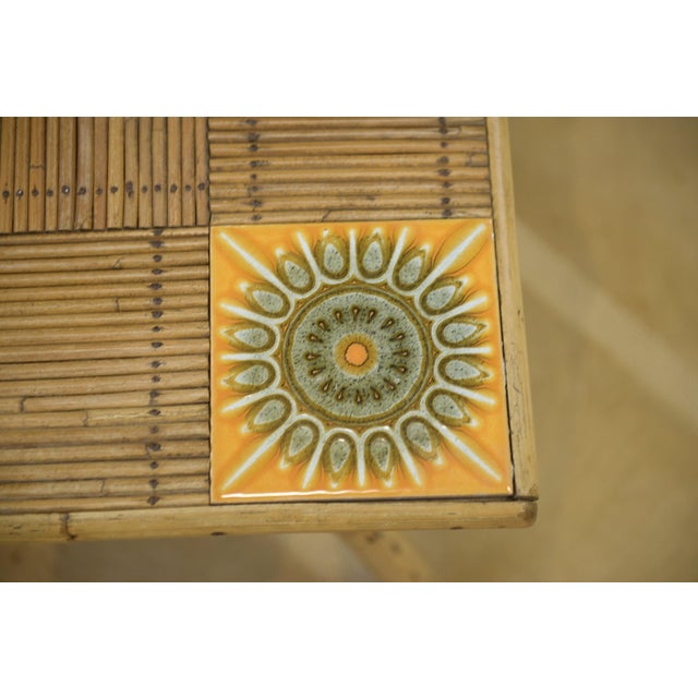 Beige Coffee Table in Rattan and Ceramic attributed to Audoux Minet, 1950s For Sale - Image 8 of 9