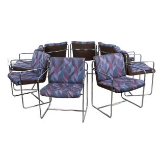 Late 20th Century Modern Krueger Set 8 Dining Armchairs Chrome Steel Rod Frames & Geometric Fabric For Sale