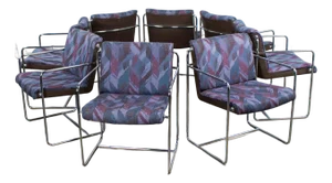 Late 20th Century Modern Krueger Set 8 Dining Armchairs Chrome Steel Rod Frames & Geometric Fabric