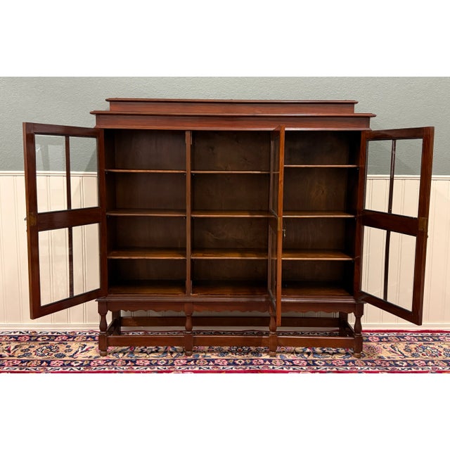 1930s Antique English Jacobean Bookcase Bookshelf Cabinet Wavy 3 Door Glass Mahogany For Sale - Image 5 of 14