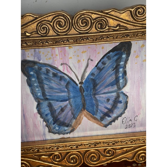 Abstract Abstract Modern Blue Butterfly Painting in Ornate Gold Frame For Sale - Image 3 of 5