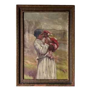 1912 Antique Figurative Mother and Child Scene Oil on Canvas Painting, Framed