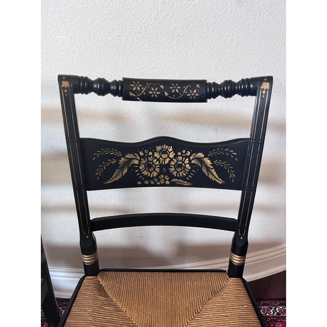 Mid 20th Century Set of 2 - Vintage Hitchcock Style Stenciled, Black and Gold Painted Chairs, Rush Seats For Sale - Image 5 of 12