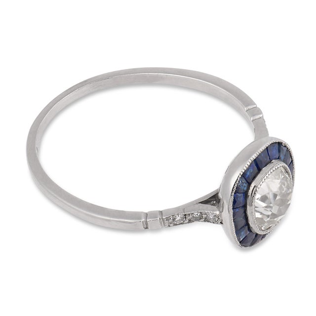 Art Deco Style Diamond Sapphire Platinum Target Engagement Ring, Size 6 For Sale - Image 4 of 6